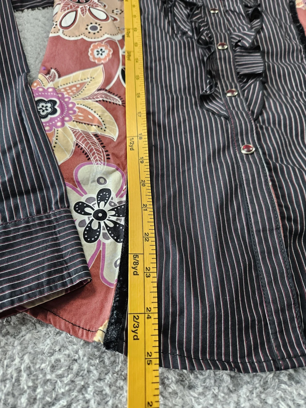 Baxis & Baxis Black Pinstripe Ruffle Blouse with Rose Floral Panels